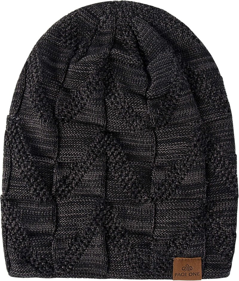 PAGE ONE Mens Winter Slouchy Beanie Warm Fleece Lined Skull Cap Baggy Cable Knit Hat - Image 3